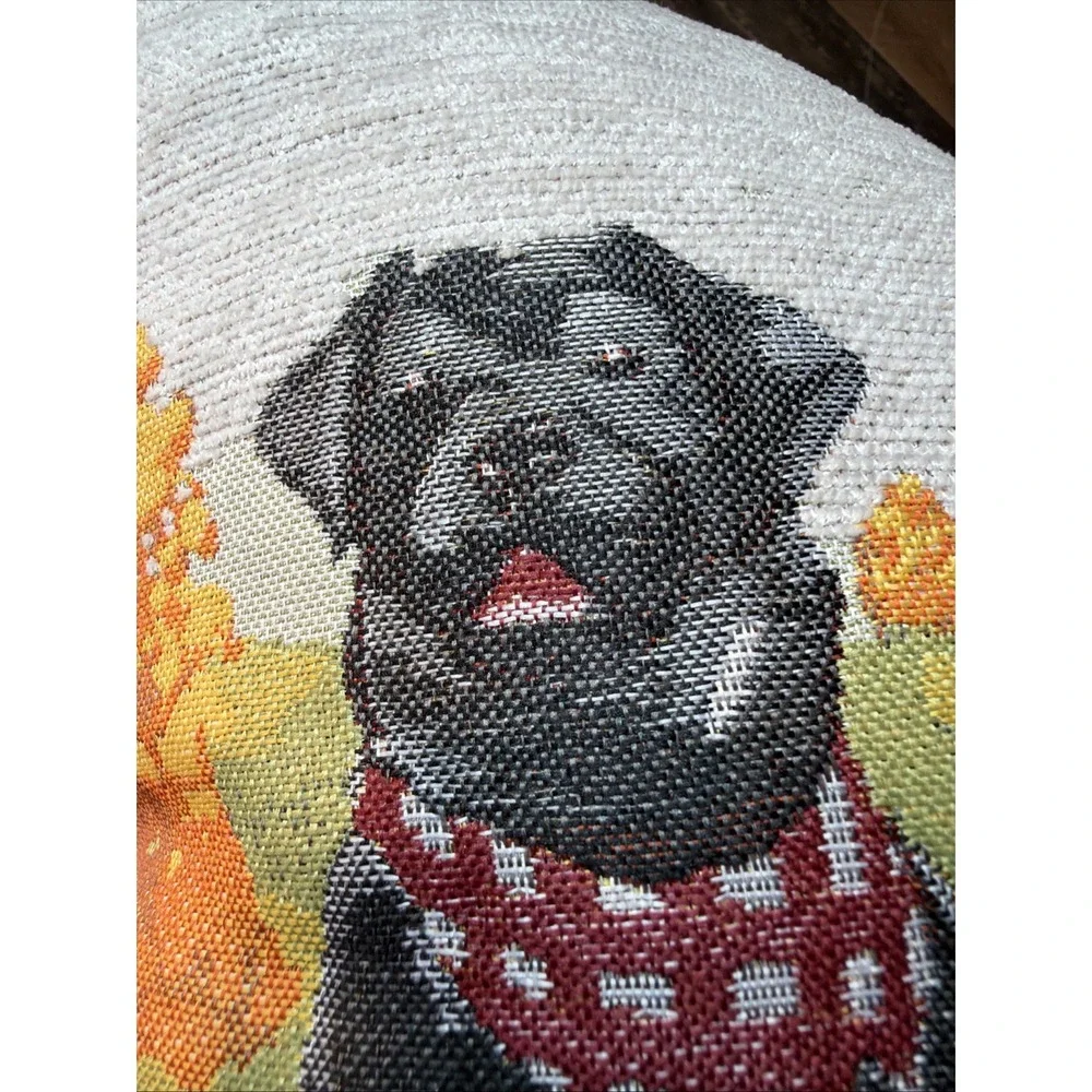 Fall Tapestry Throw Pillow 17x17 Autumn Harvest Red Truck Pumpkins Black Dog Cat